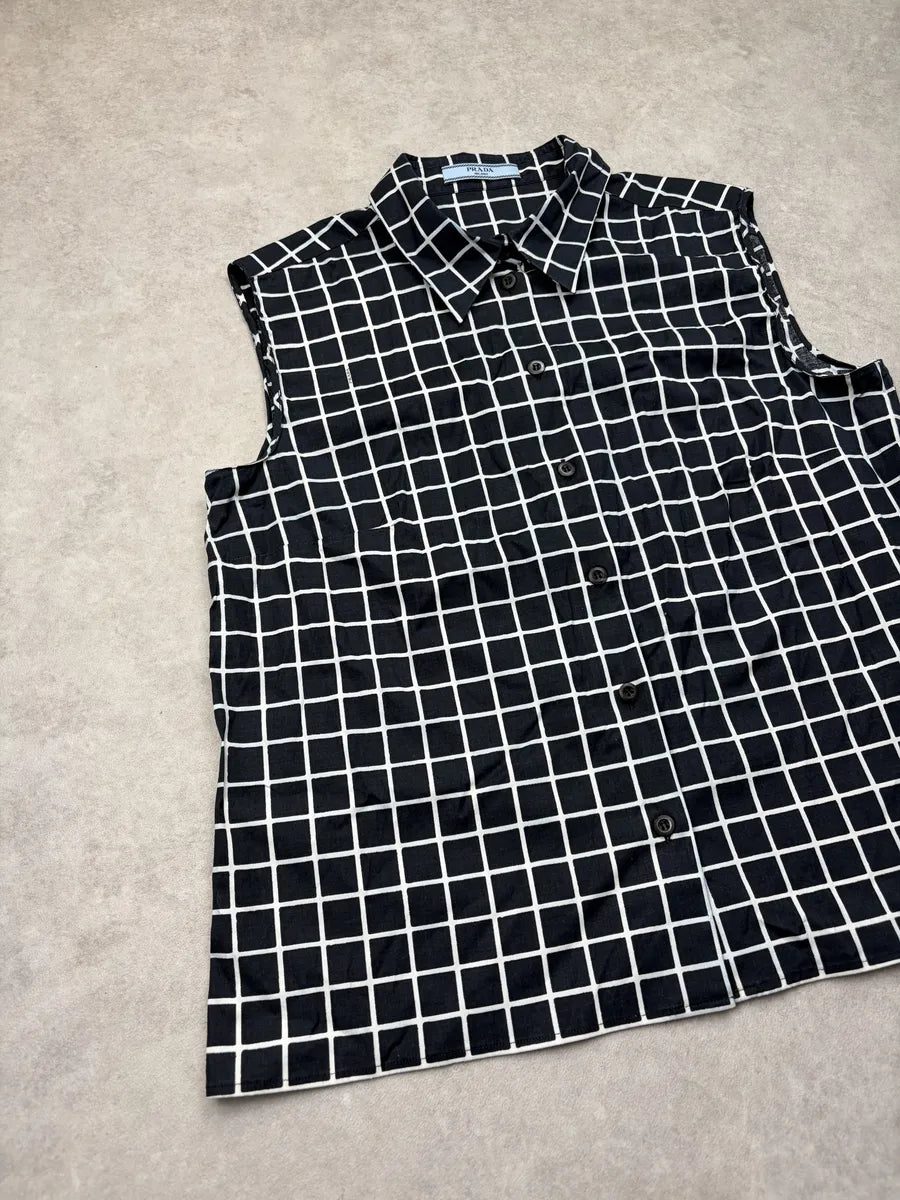 SS2011 Prada Black White Grid Sleeveless Shirt NYxmteP 3