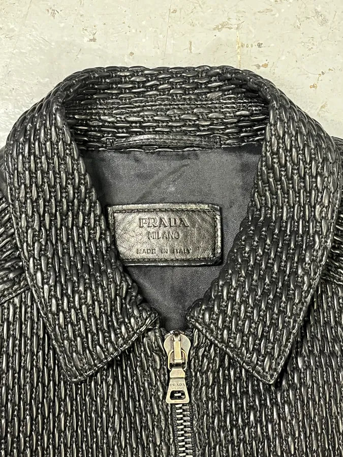 AW2007 Prada Black Woven Leather Jacket mZgFKDf 9
