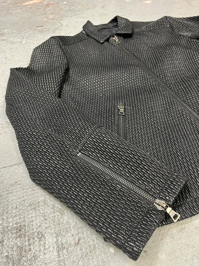 AW2007 Prada Black Woven Leather Jacket mZgFKDf 5