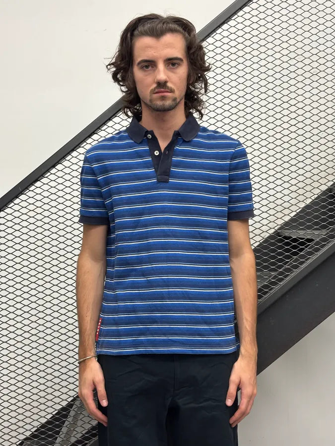 2000s Prada Blue Striped Linea Rossa Polo Shirt MonsHat 1