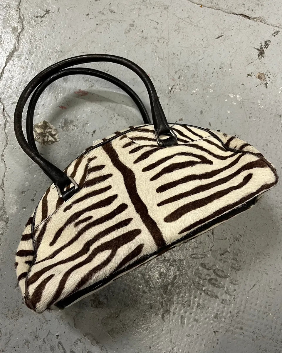 Prada Brown & White Zebra Effect Bowling Calf Handle Leather Bag (OS) 0
