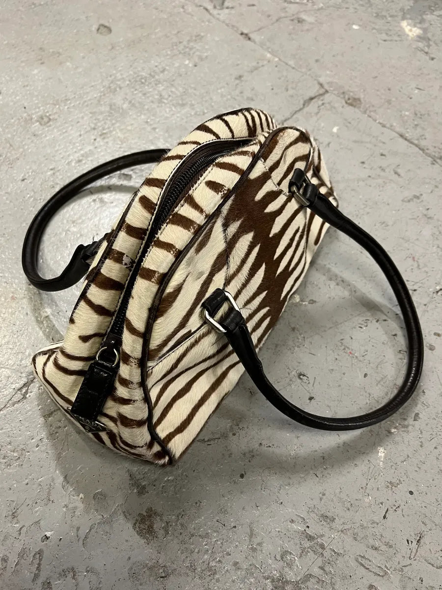 Prada Brown & White Zebra Effect Bowling Calf Handle Leather Bag (OS) 1
