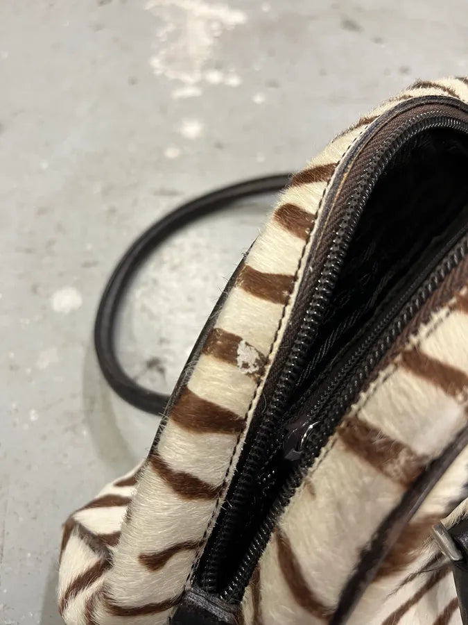 Prada Brown & White Zebra Effect Bowling Calf Handle Leather Bag (OS) 10