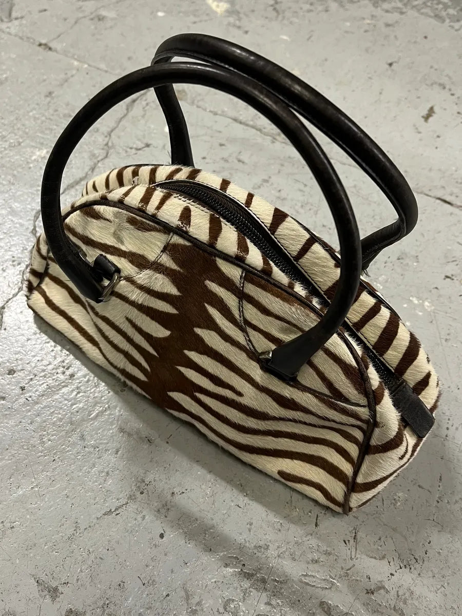 Prada Brown & White Zebra Effect Bowling Calf Handle Leather Bag (OS) 2