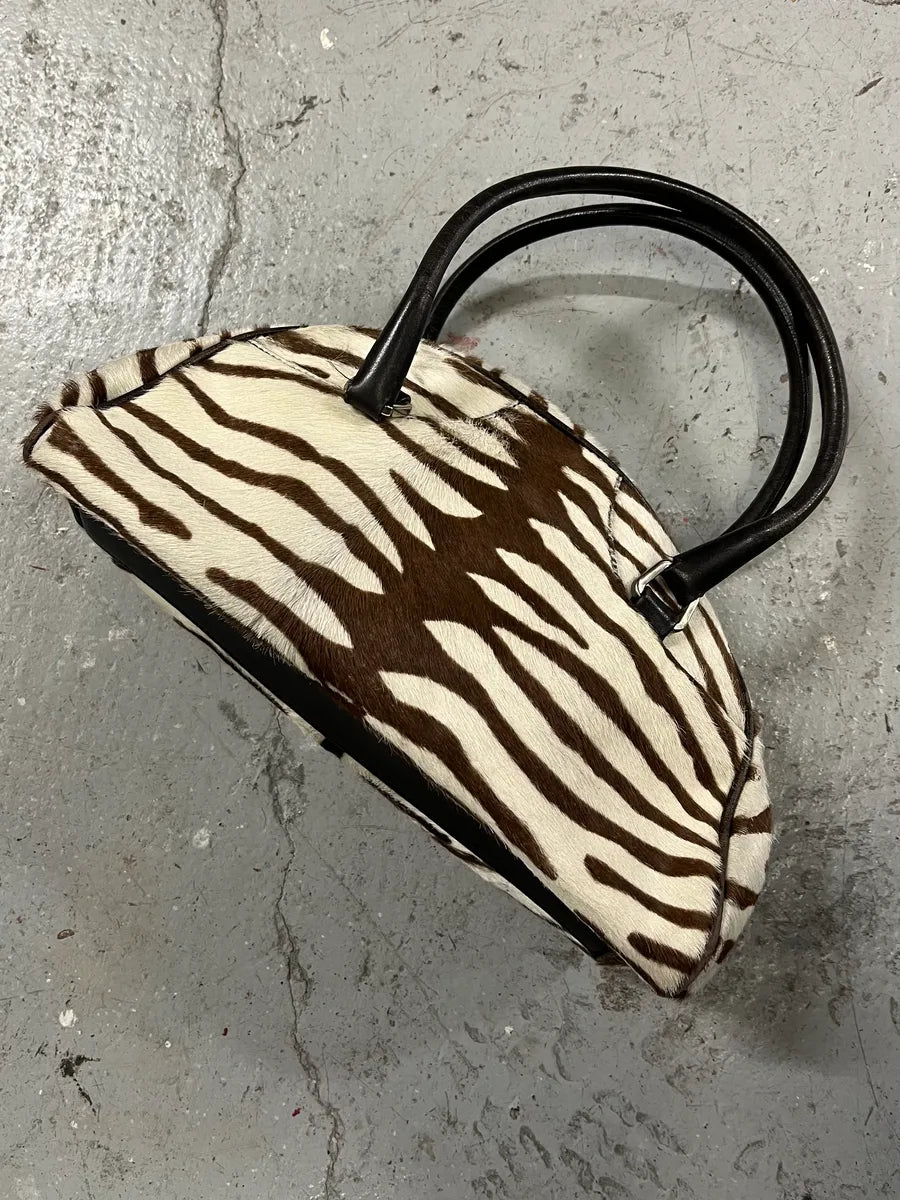 Prada Brown & White Zebra Effect Bowling Calf Handle Leather Bag (OS) 3