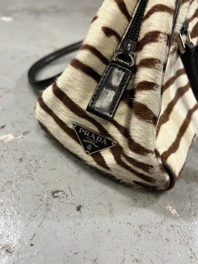 Prada Brown & White Zebra Effect Bowling Calf Handle Leather Bag (OS) 4