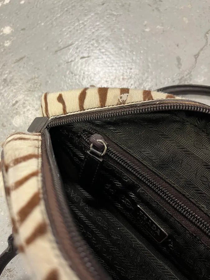 Prada Brown & White Zebra Effect Bowling Calf Handle Leather Bag (OS) 8