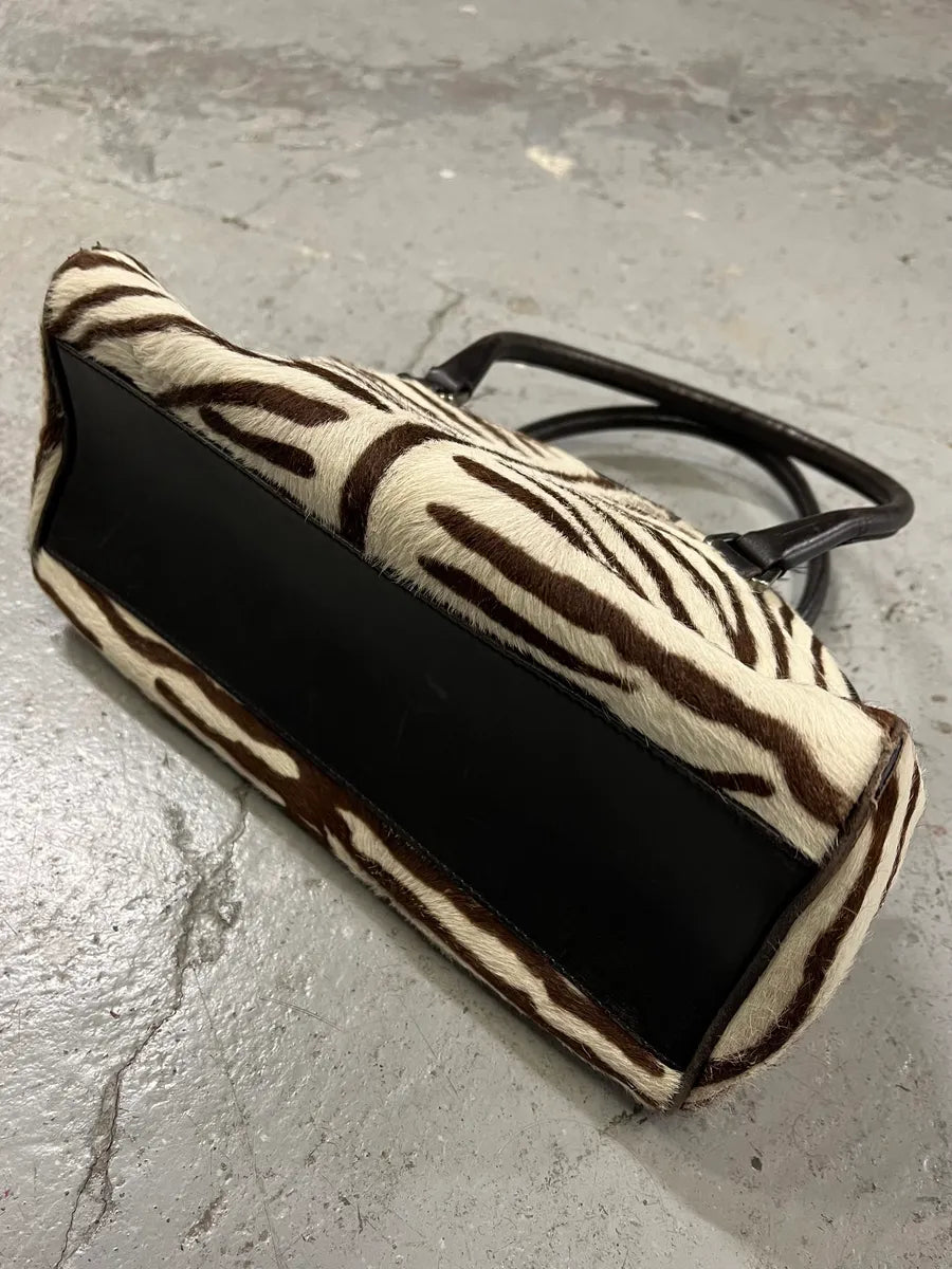 Prada Brown & White Zebra Effect Bowling Calf Handle Leather Bag (OS) 9