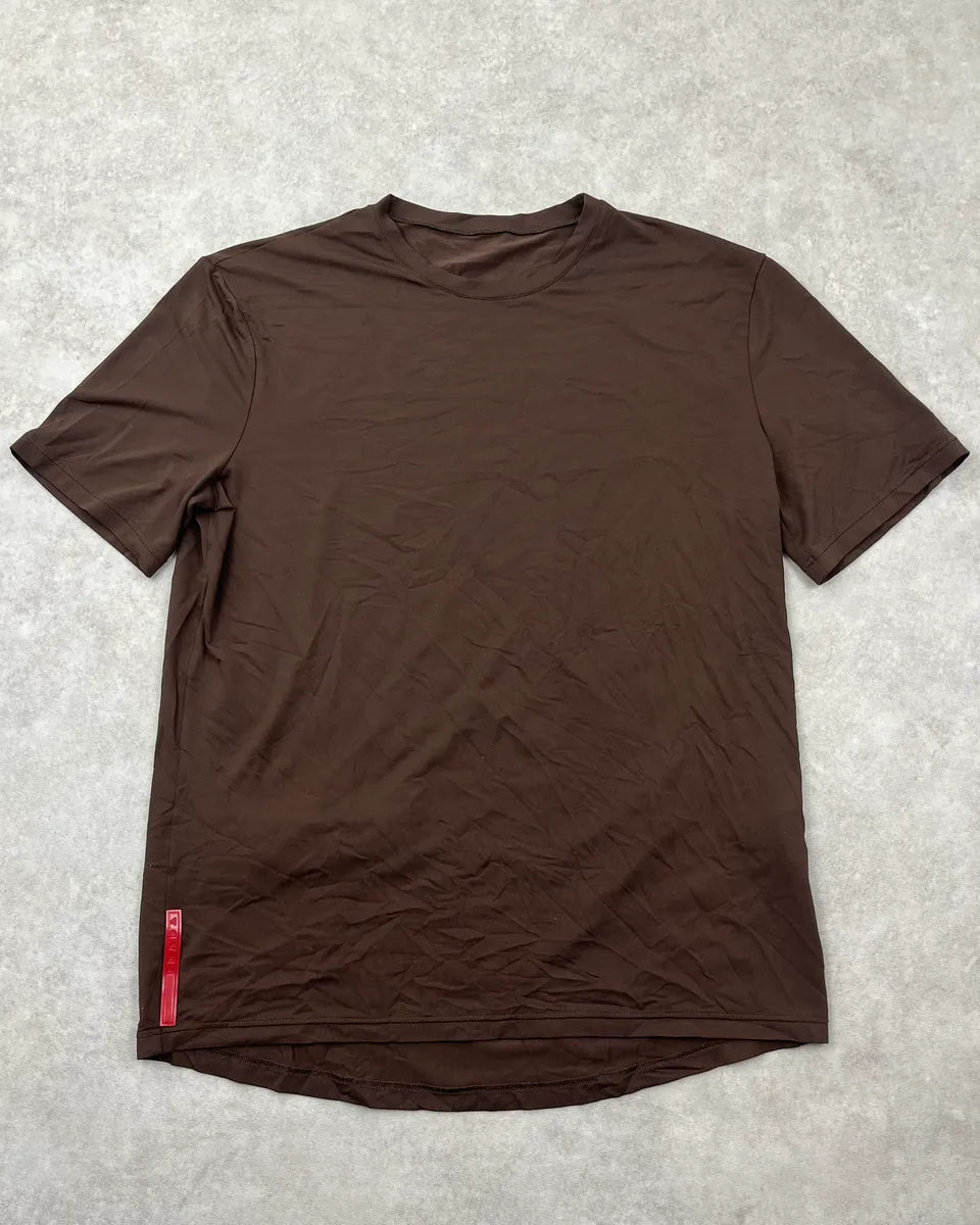 SS2003 Prada Brown Back Zip Logo-Patch T-Shirt aRjSAlO 0