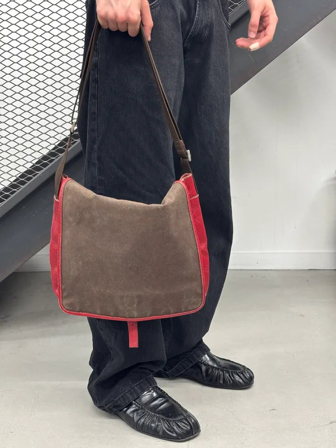 2000s Prada Brown Canvas Red Leather Contrast Shoulder Bag wqvjMlq 2