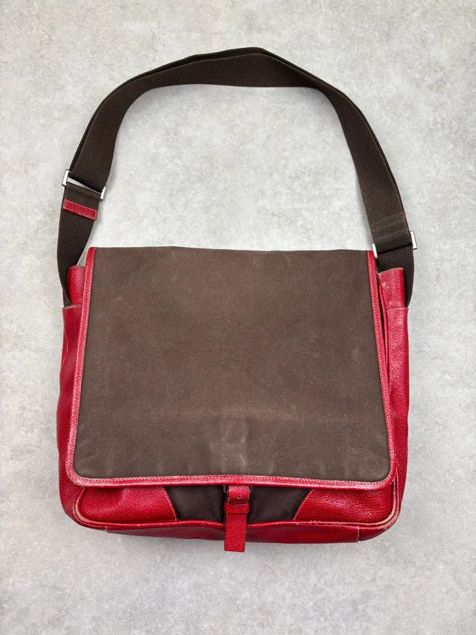 2000s Prada Brown Canvas Red Leather Contrast Shoulder Bag wqvjMlq 0