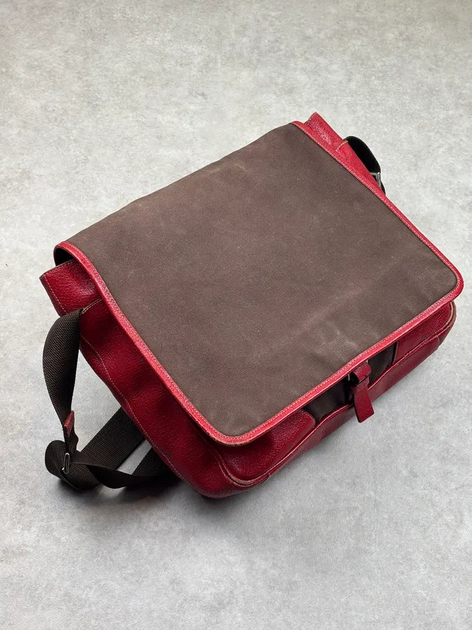 2000s Prada Brown Canvas Red Leather Contrast Shoulder Bag wqvjMlq 3