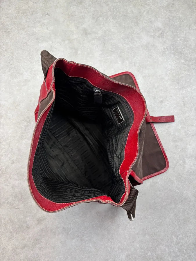 2000s Prada Brown Canvas Red Leather Contrast Shoulder Bag wqvjMlq 12