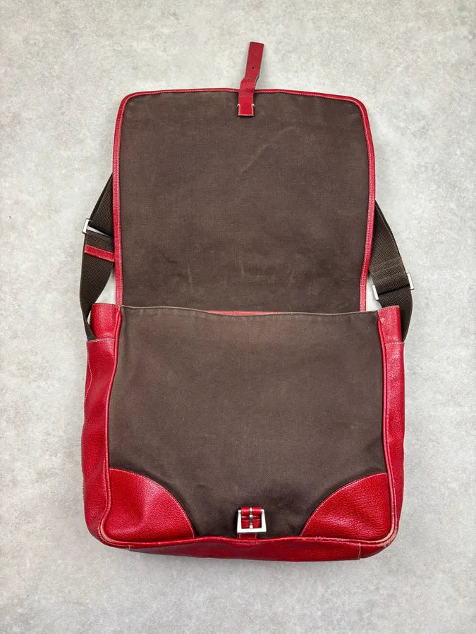 2000s Prada Brown Canvas Red Leather Contrast Shoulder Bag wqvjMlq 7