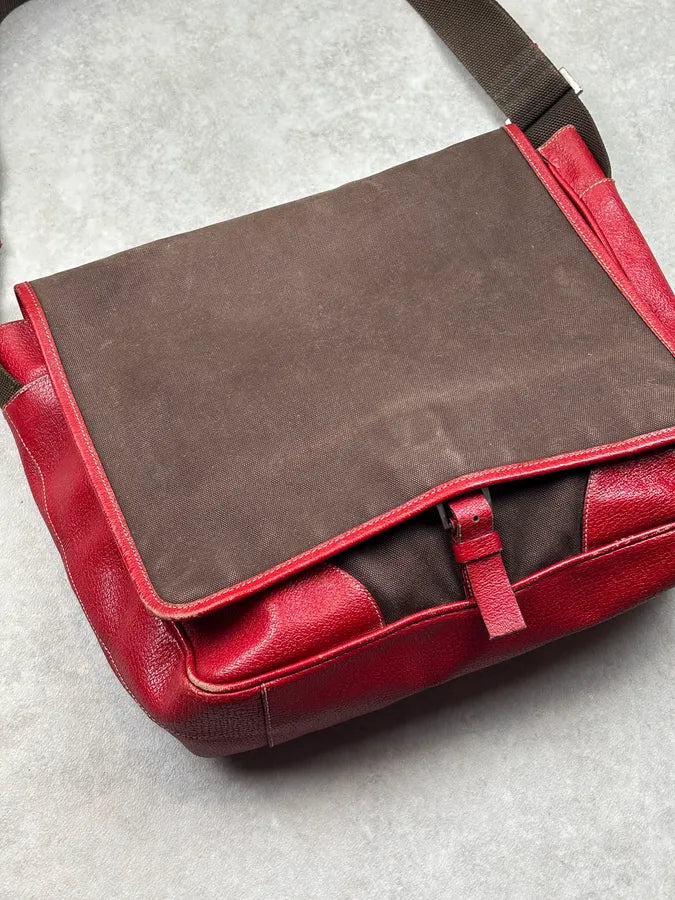 2000s Prada Brown Canvas Red Leather Contrast Shoulder Bag wqvjMlq 4