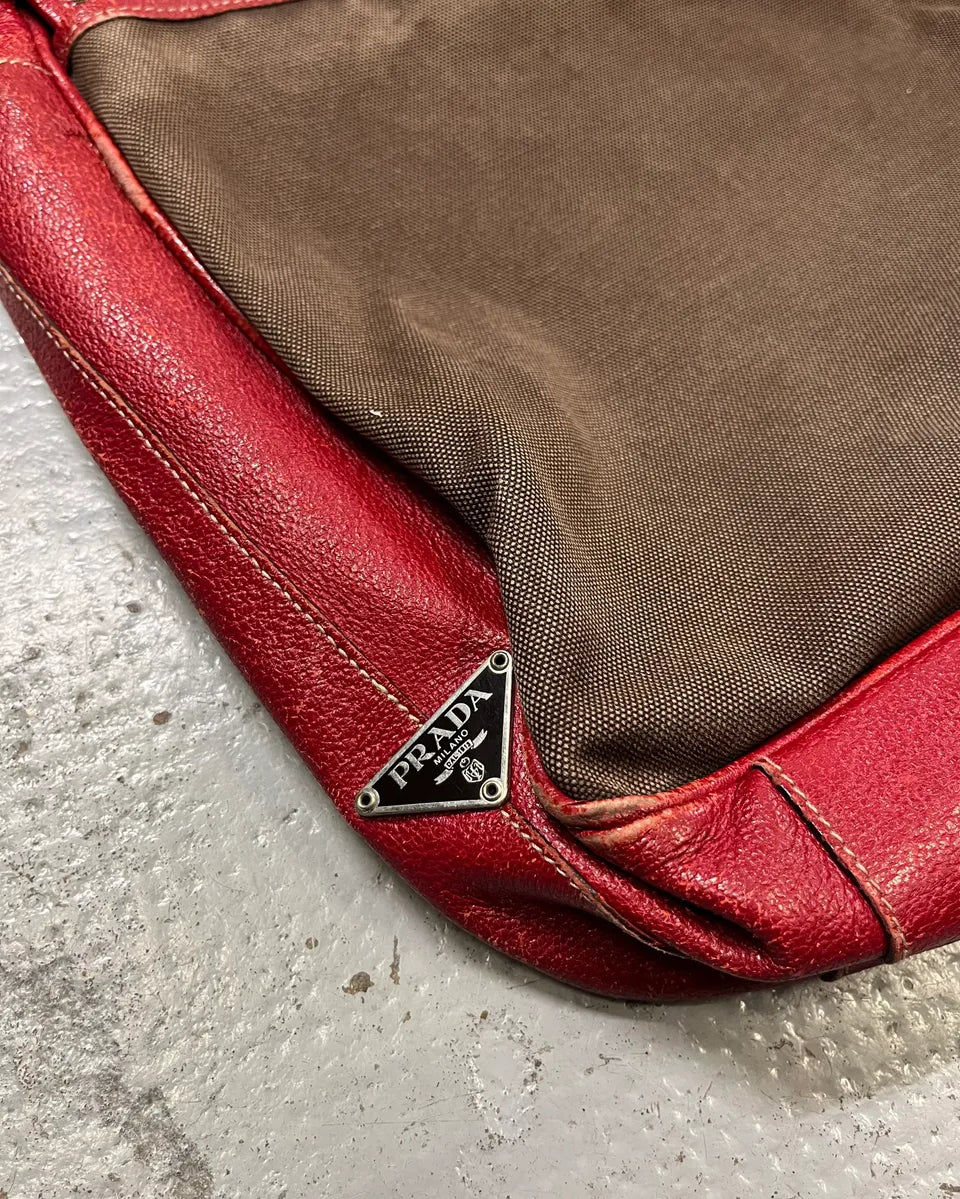 Prada Brown Canvas Red Leather Messenger Bag AoXavnj 6