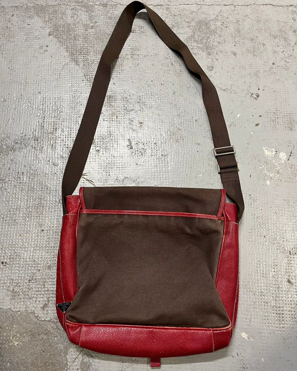 Prada Brown Canvas Red Leather Messenger Bag AoXavnj 8