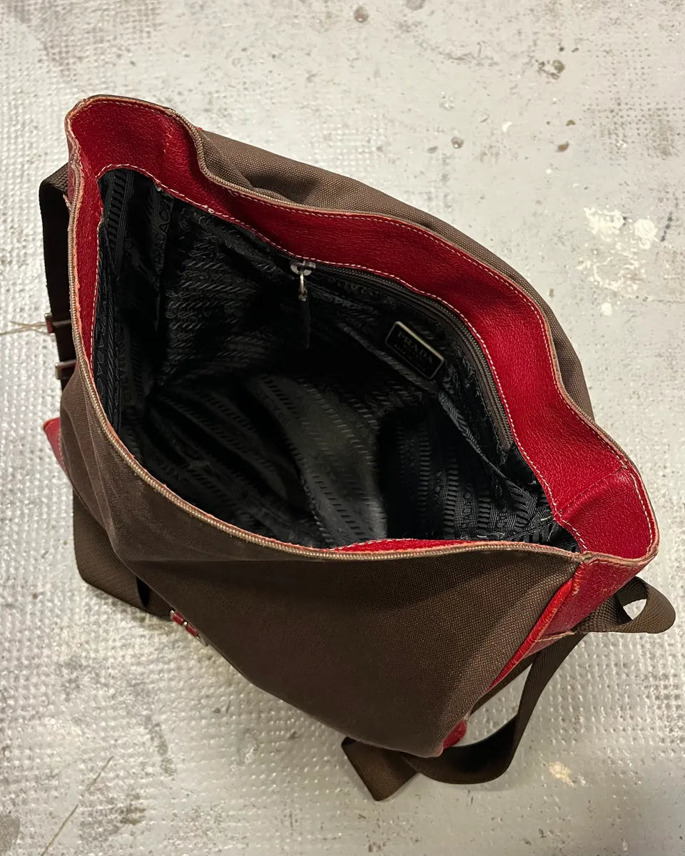 Prada Brown Canvas Red Leather Messenger Bag AoXavnj 9