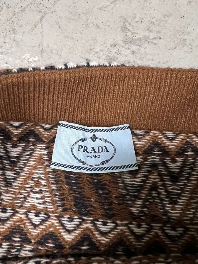 Prada Brown Chevron Patterned Knit Midi Skirt (M) 2