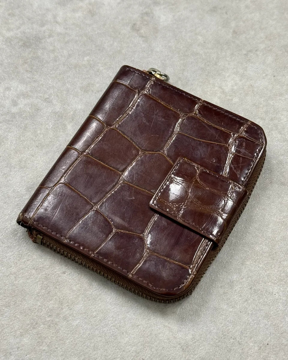 Prada Brown Crocodile Embossed Leather Zip Wallet bngcpmd 0