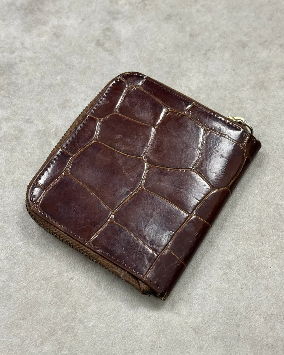Prada Brown Crocodile Embossed Leather Zip Wallet bngcpmd 1
