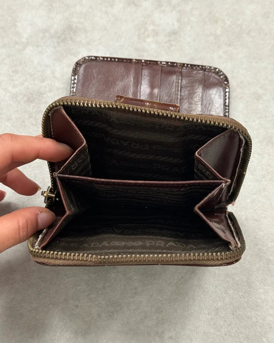 Prada Brown Crocodile Embossed Leather Zip Wallet bngcpmd 2