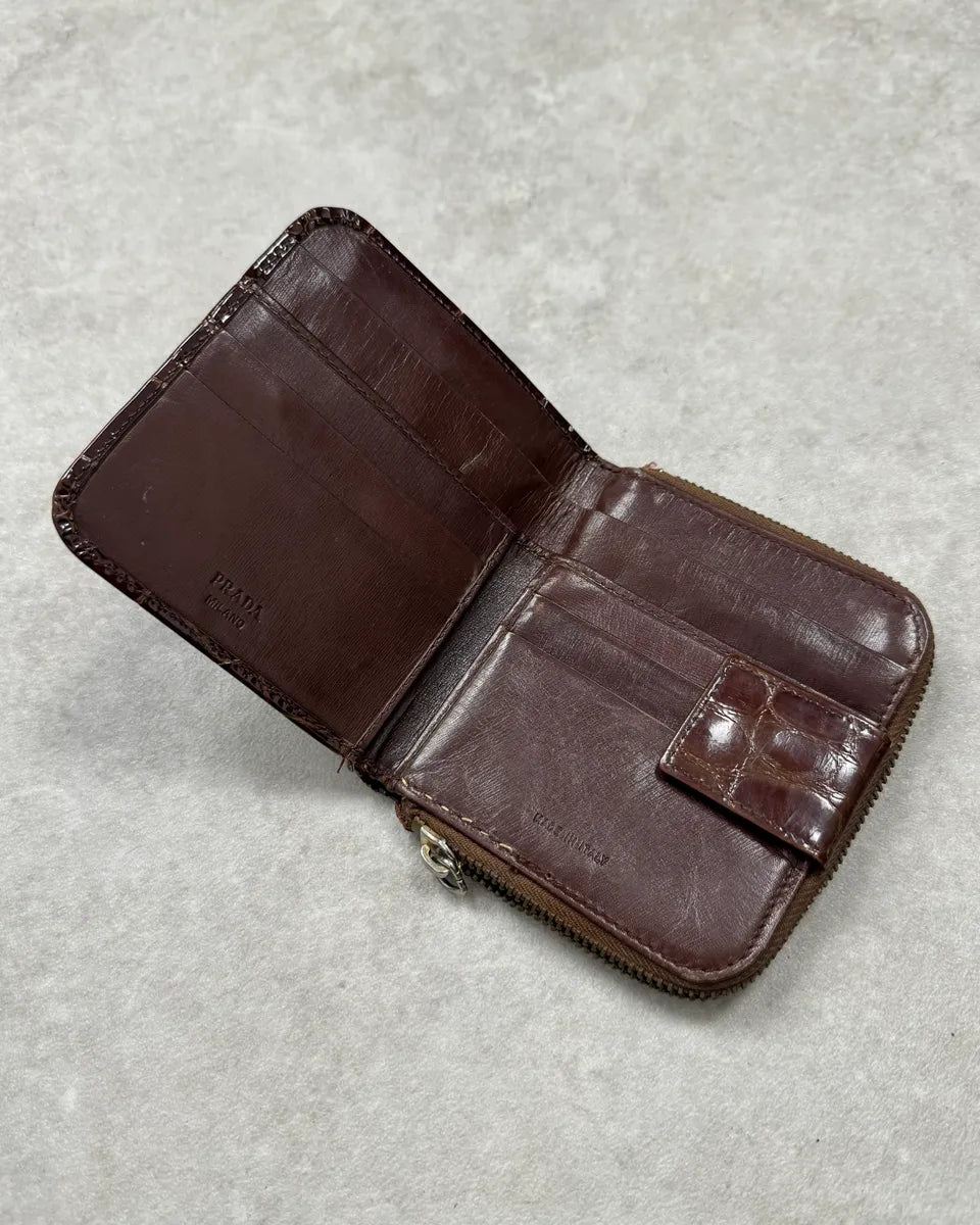Prada Brown Crocodile Embossed Leather Zip Wallet bngcpmd 3