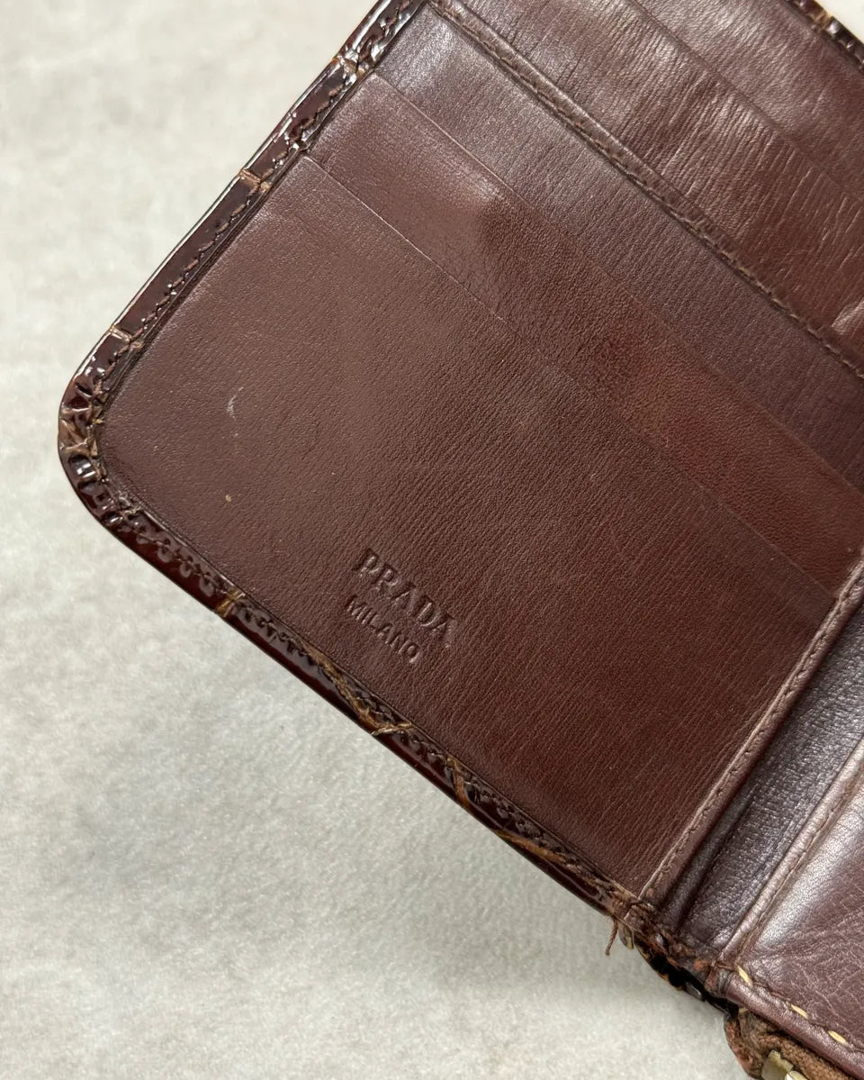 Prada Brown Crocodile Embossed Leather Zip Wallet bngcpmd 4