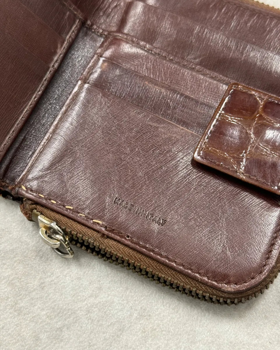 Prada Brown Crocodile Embossed Leather Zip Wallet bngcpmd 5