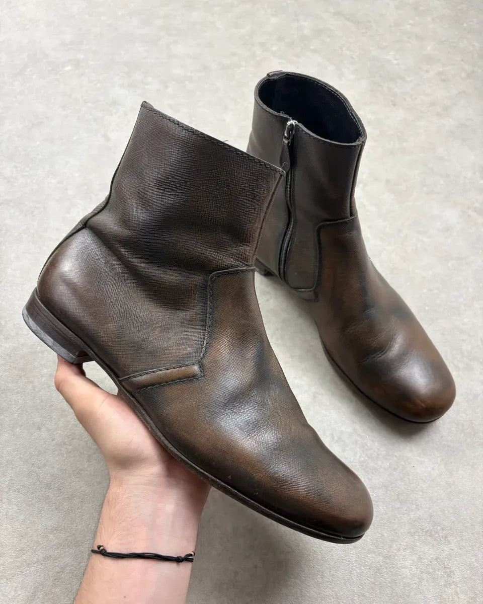 Prada Brown Faded Zip Leather Ankle Boots QEjRyAw 0