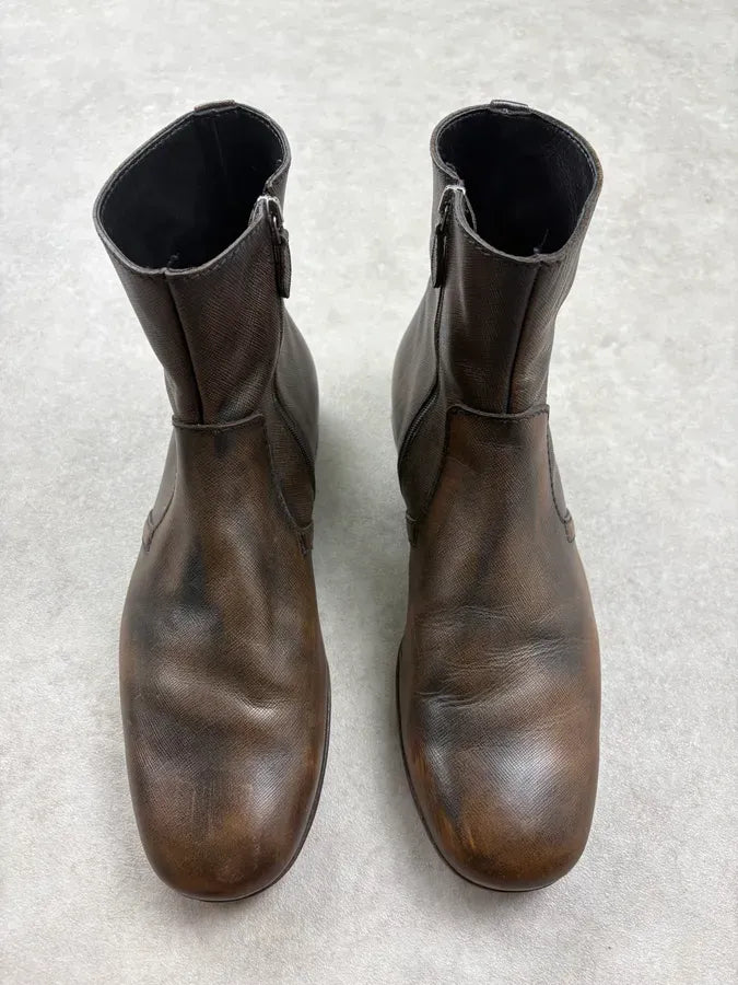 Prada Brown Faded Zip Leather Ankle Boots QEjRyAw 1