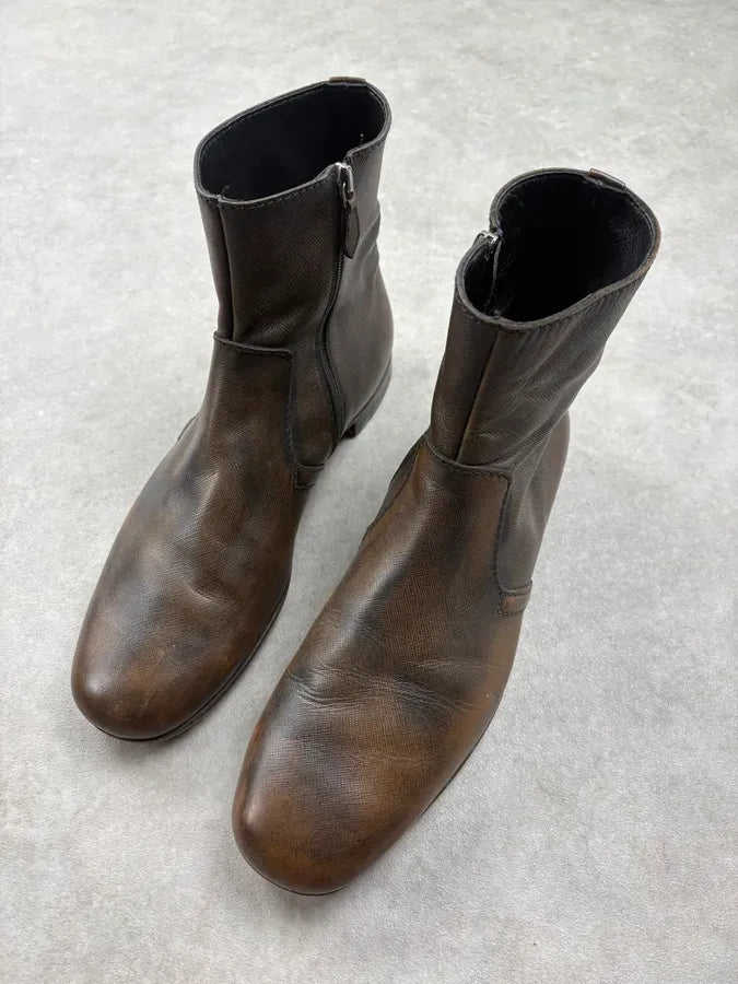 Prada Brown Faded Zip Leather Ankle Boots QEjRyAw 2
