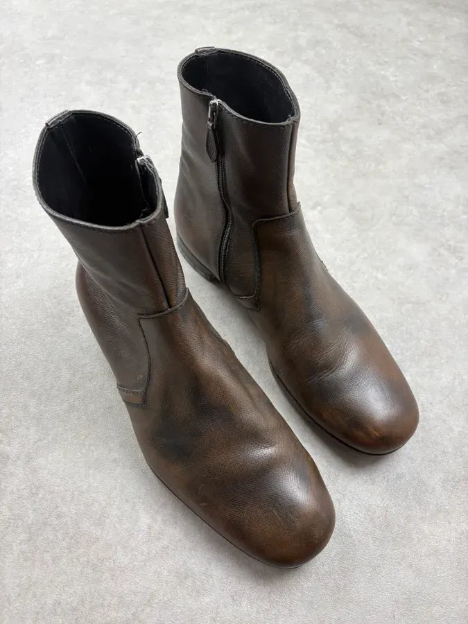 Prada Brown Faded Zip Leather Ankle Boots QEjRyAw 3