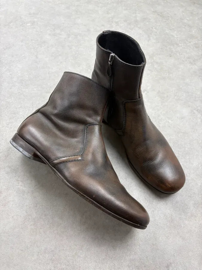 Prada Brown Faded Zip Leather Ankle Boots QEjRyAw 4