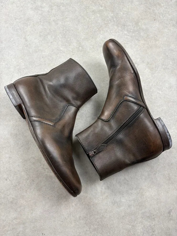 Prada Brown Faded Zip Leather Ankle Boots QEjRyAw 5