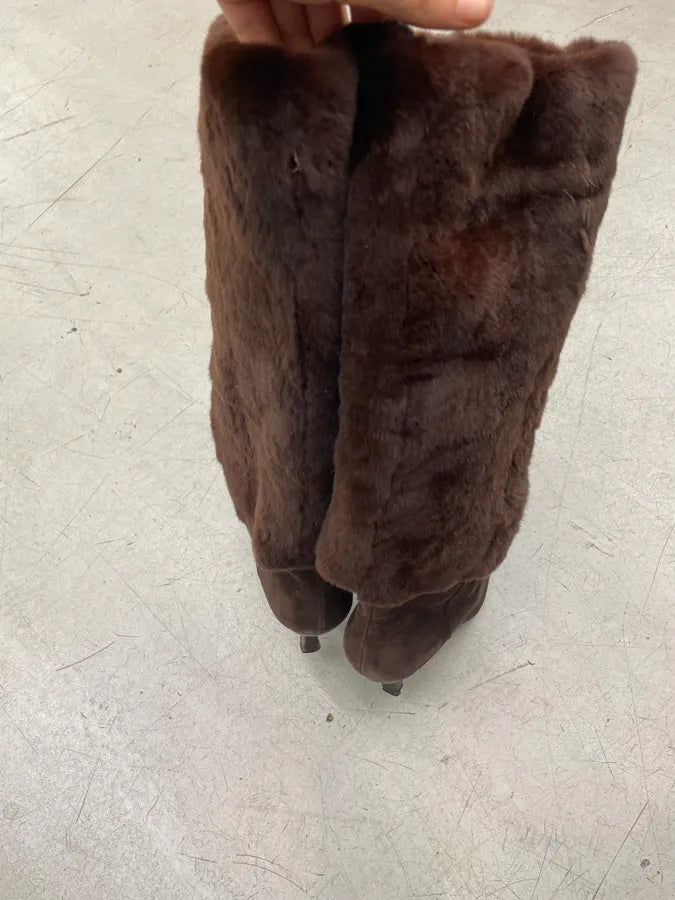 2000s Prada Brown Fur Leather Heel Boots HdErCkA 2