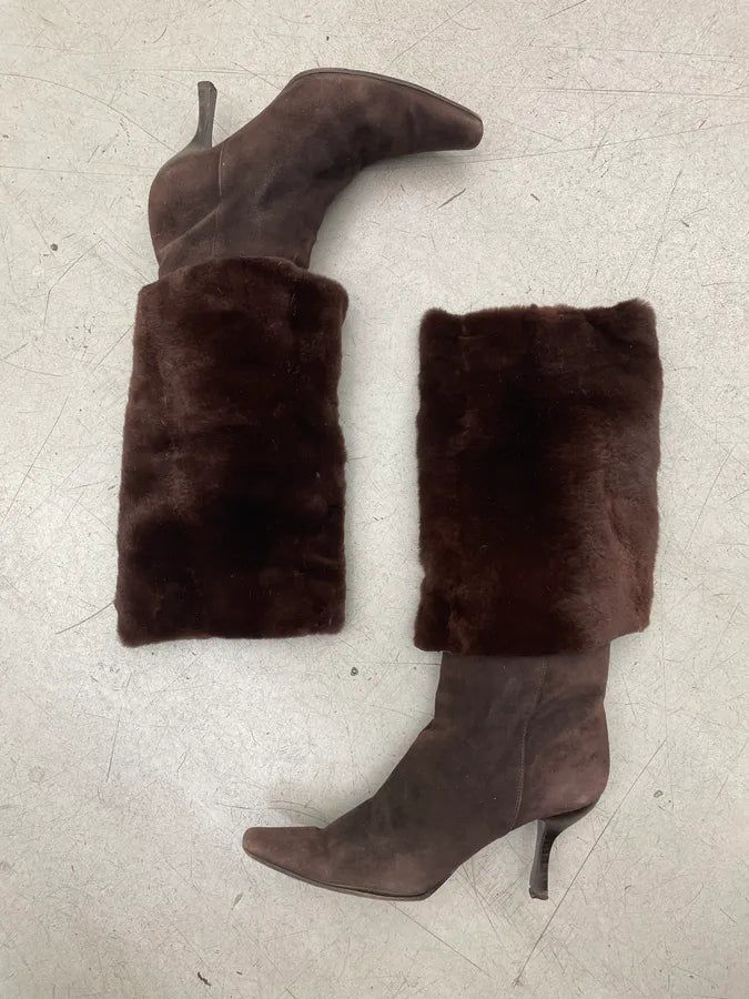 2000s Prada Brown Fur Leather Heel Boots HdErCkA 3