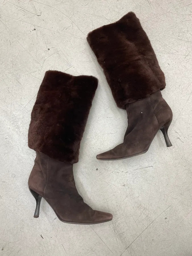 2000s Prada Brown Fur Leather Heel Boots HdErCkA 1