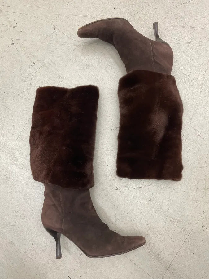 2000s Prada Brown Fur Leather Heel Boots HdErCkA 0