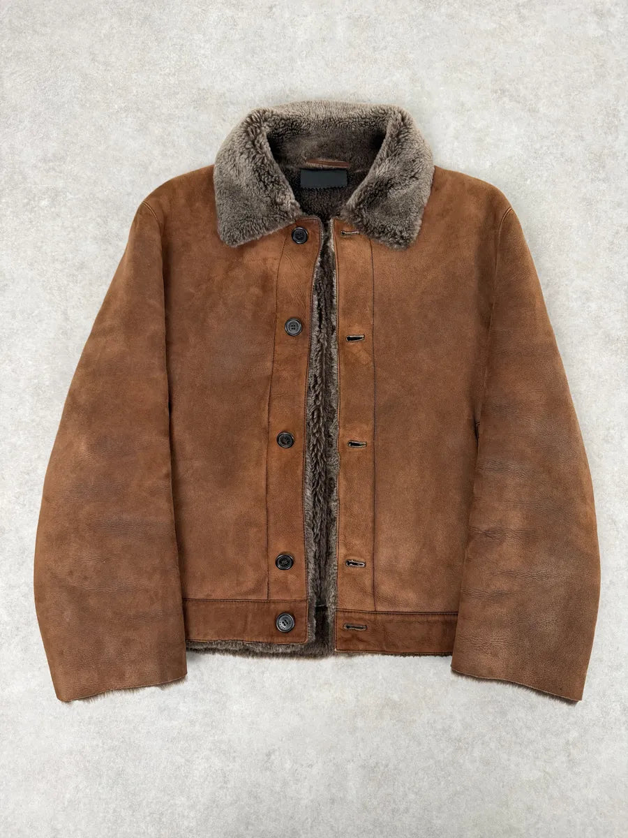 Prada Brown Italian Sheep Dyed Fur Shearling Leather Jacket YFyTRBy 13