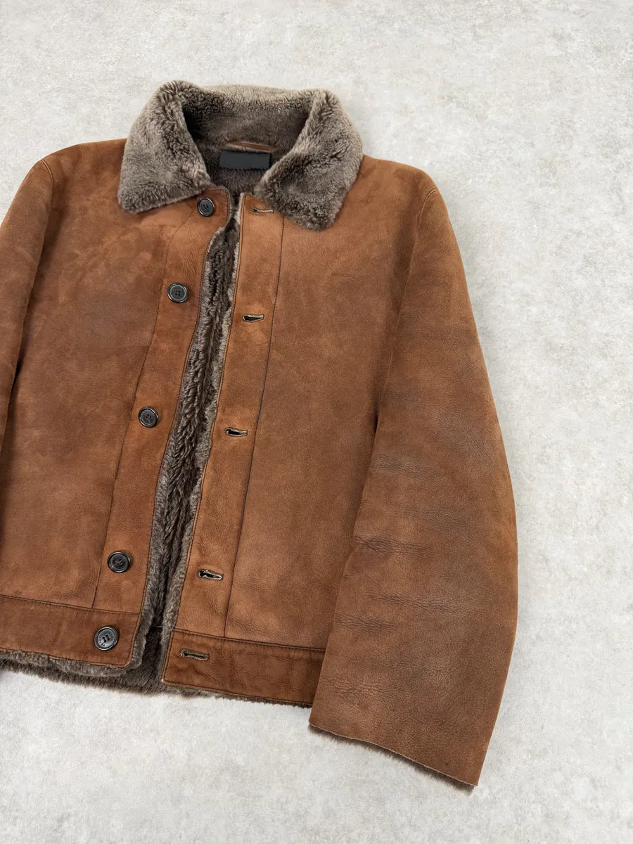 Prada Brown Italian Sheep Dyed Fur Shearling Leather Jacket YFyTRBy 14