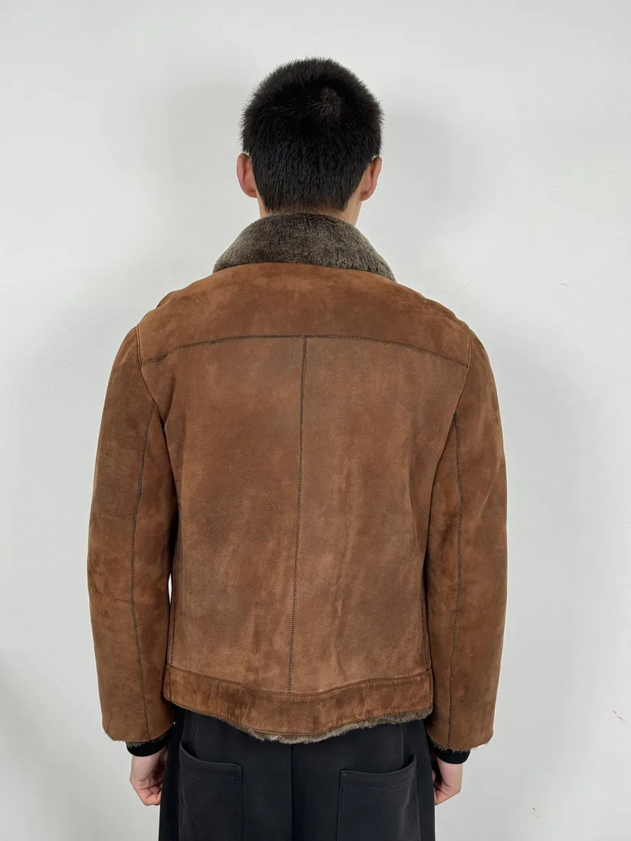 Prada Brown Italian Sheep Dyed Fur Shearling Leather Jacket YFyTRBy 2