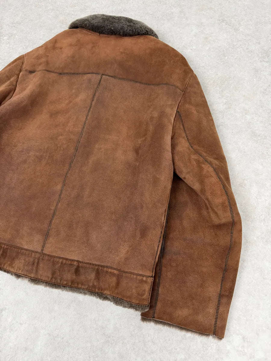 Prada Brown Italian Sheep Dyed Fur Shearling Leather Jacket YFyTRBy 3