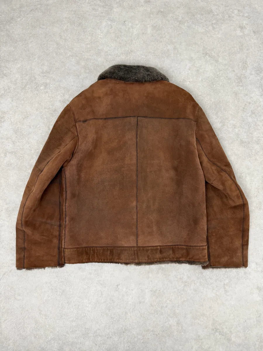 Prada Brown Italian Sheep Dyed Fur Shearling Leather Jacket YFyTRBy 4