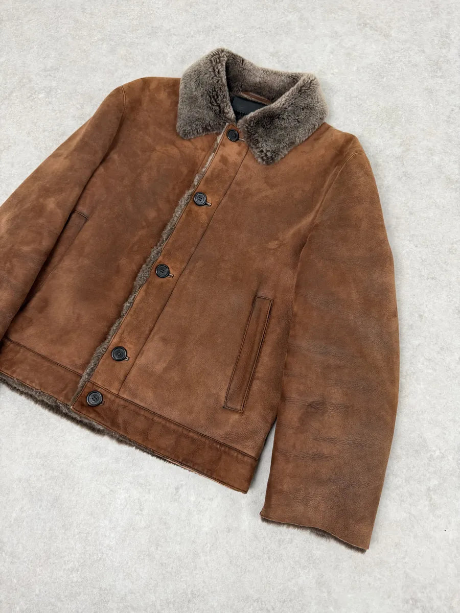 Prada Brown Italian Sheep Dyed Fur Shearling Leather Jacket YFyTRBy 5