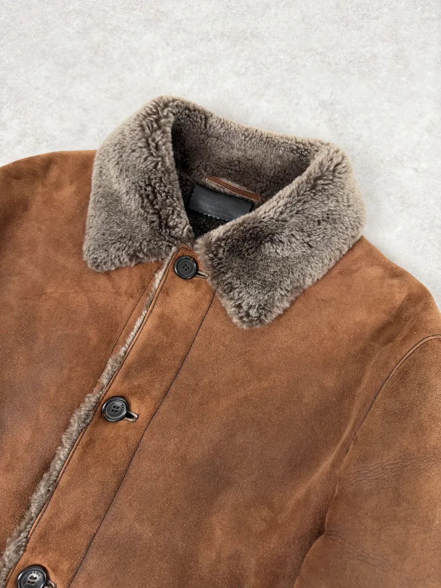 Prada Brown Italian Sheep Dyed Fur Shearling Leather Jacket YFyTRBy 6