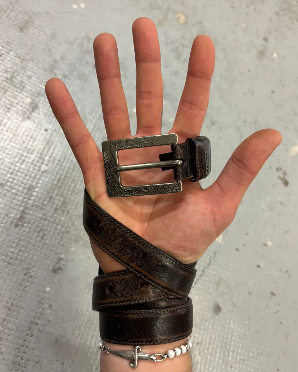 2000s Prada Brown Leather Embossed Buckle Belt lMtOgtW 0