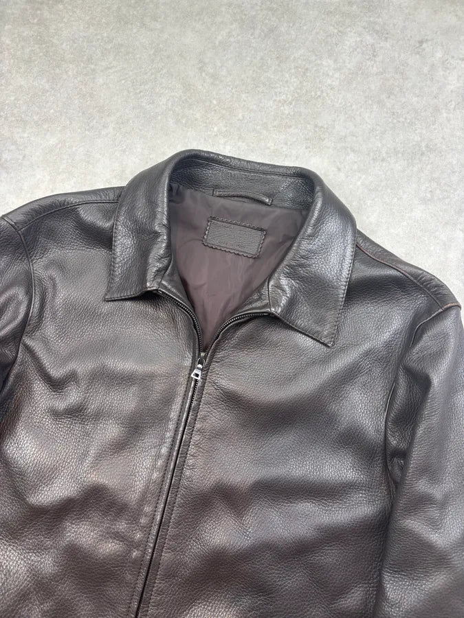 2000s Prada Brown Leather Harrington Jacket JhBfCJC 3