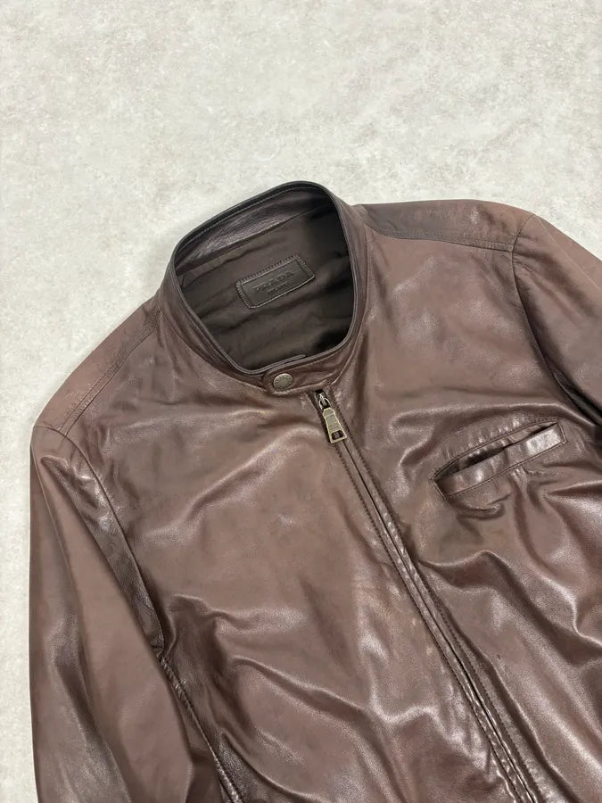 AW2011 Prada Biker Brown Minimalist Leather Jacket YFggeLW 4