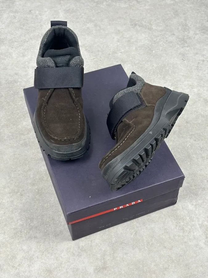 2000s Prada Brown Suede Leather Velcro Boots lvVpQIf 1
